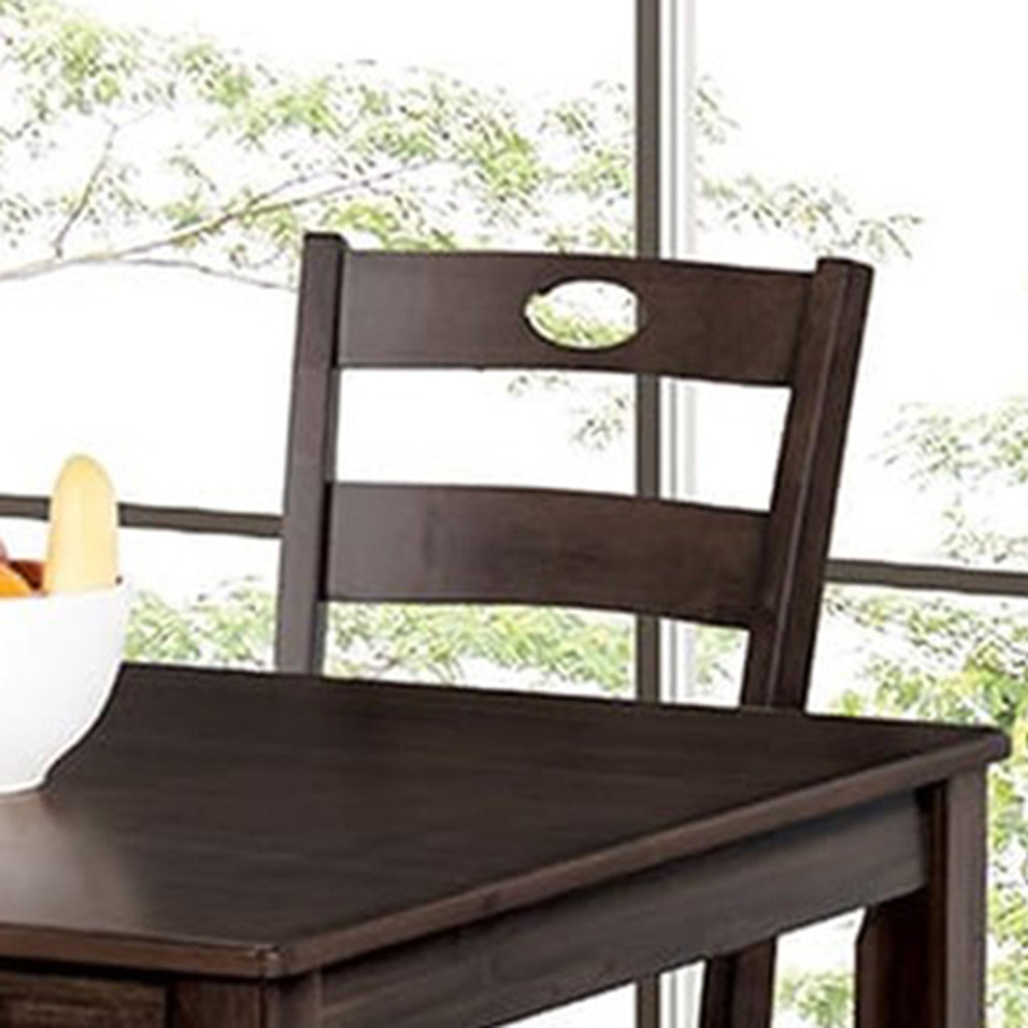Traditional Espresso Solid Rubberwood and Wood Veneer 5 Piece Dining Table Set with Slat Back Chairs