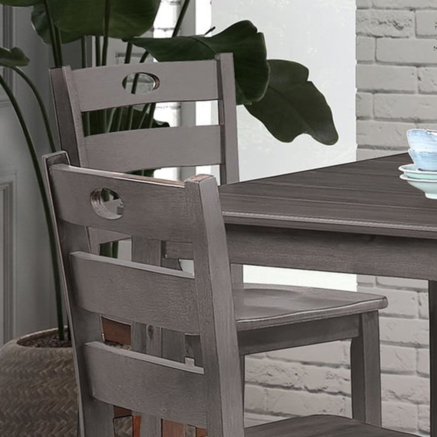 36"W x 36"D x 36"H Modern Gray 5 Piece Counter Height Table Set Solid Rubberwood Wood Veneer with Slat Back Chairs