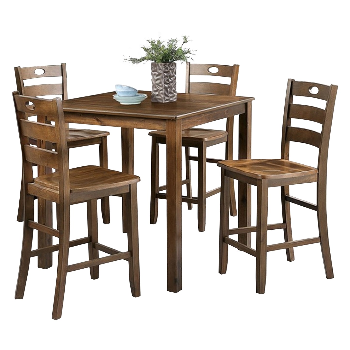 36“W x 36”D x 36“H Modern Solid Rubberwood 5 Piece Counter Height Dining Table Set with Slat Back Chairs