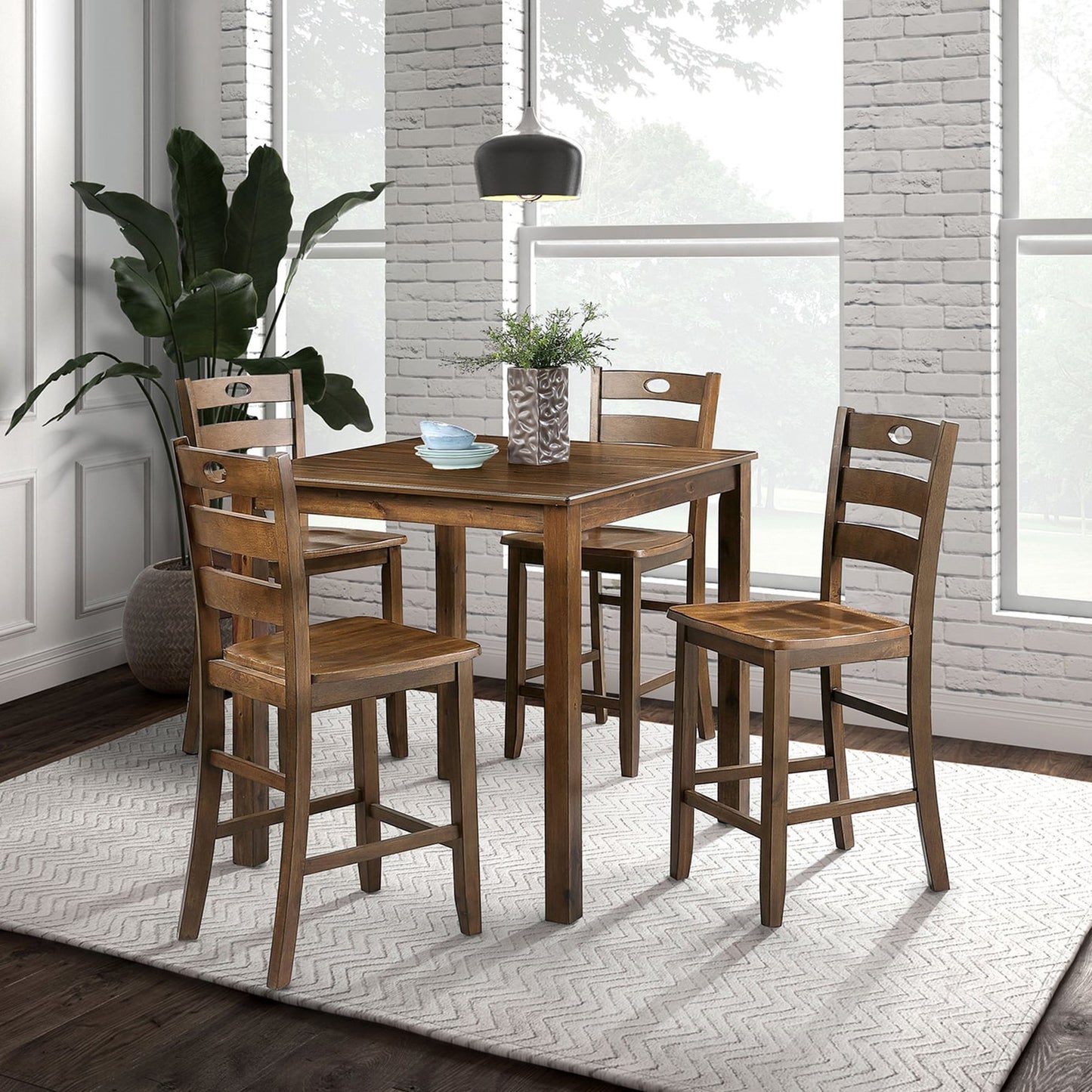36“W x 36”D x 36“H Modern Solid Rubberwood 5 Piece Counter Height Dining Table Set with Slat Back Chairs