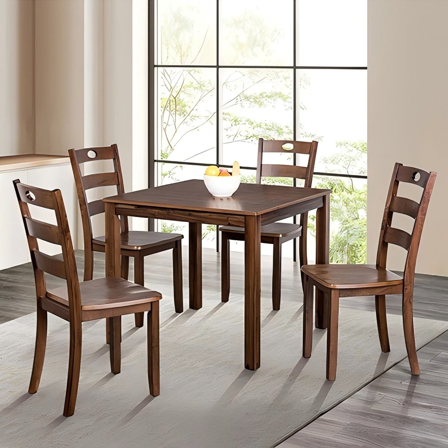 36“W x 36”D x 30“H Modern Walnut Solid Rubberwood and Wood Veneer 5 Piece Dining Table Set with Slat Back Chairs