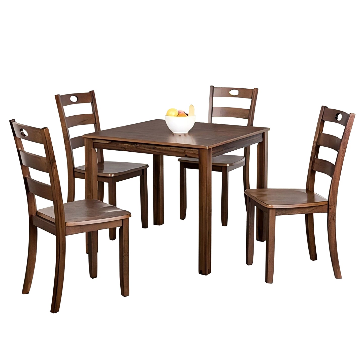 36“W x 36”D x 30“H Modern Walnut Solid Rubberwood and Wood Veneer 5 Piece Dining Table Set with Slat Back Chairs