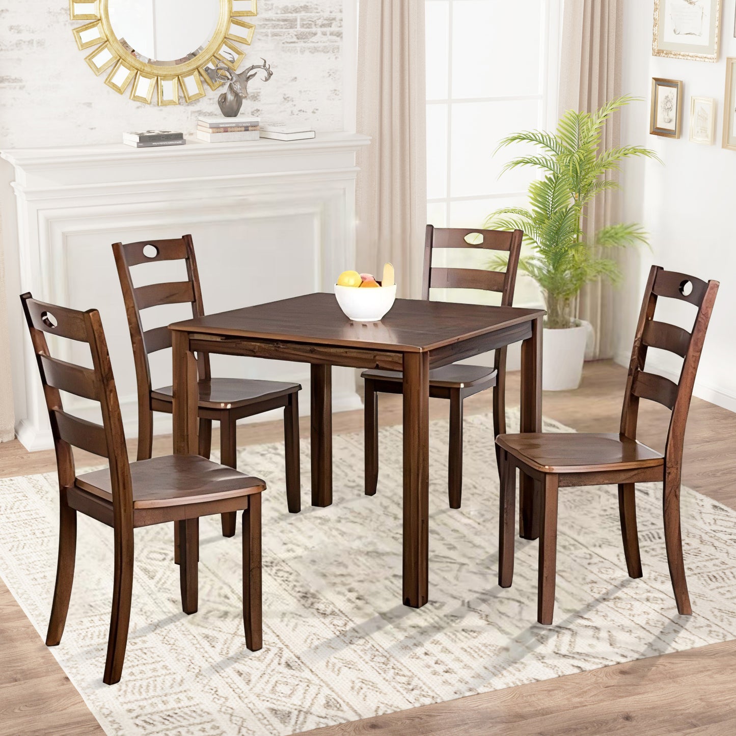 36“W x 36”D x 30“H Modern Walnut Solid Rubberwood and Wood Veneer 5 Piece Dining Table Set with Slat Back Chairs