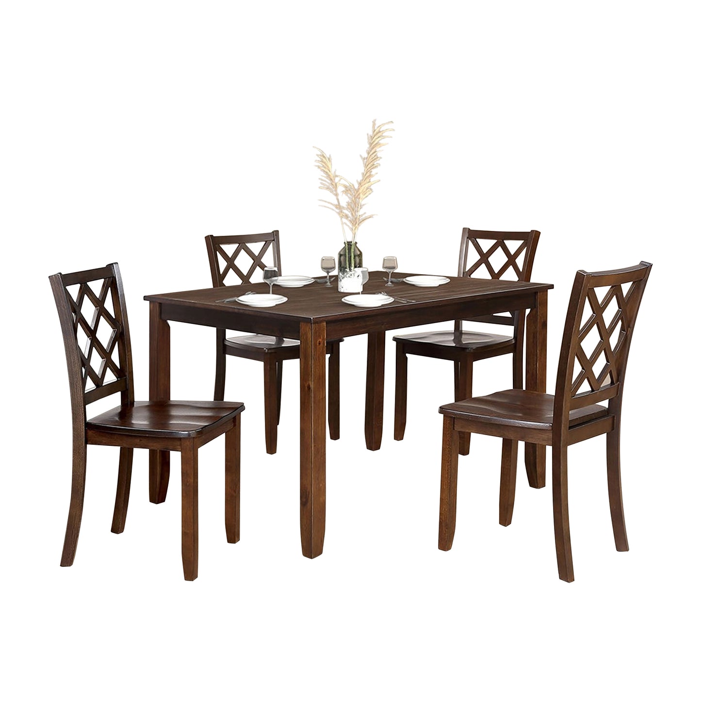 48"W x 36"D x 30"H Modern 5 Piece Solid Rubberwood Dining Table Set with Diamond Shaped Back Detail Chairs