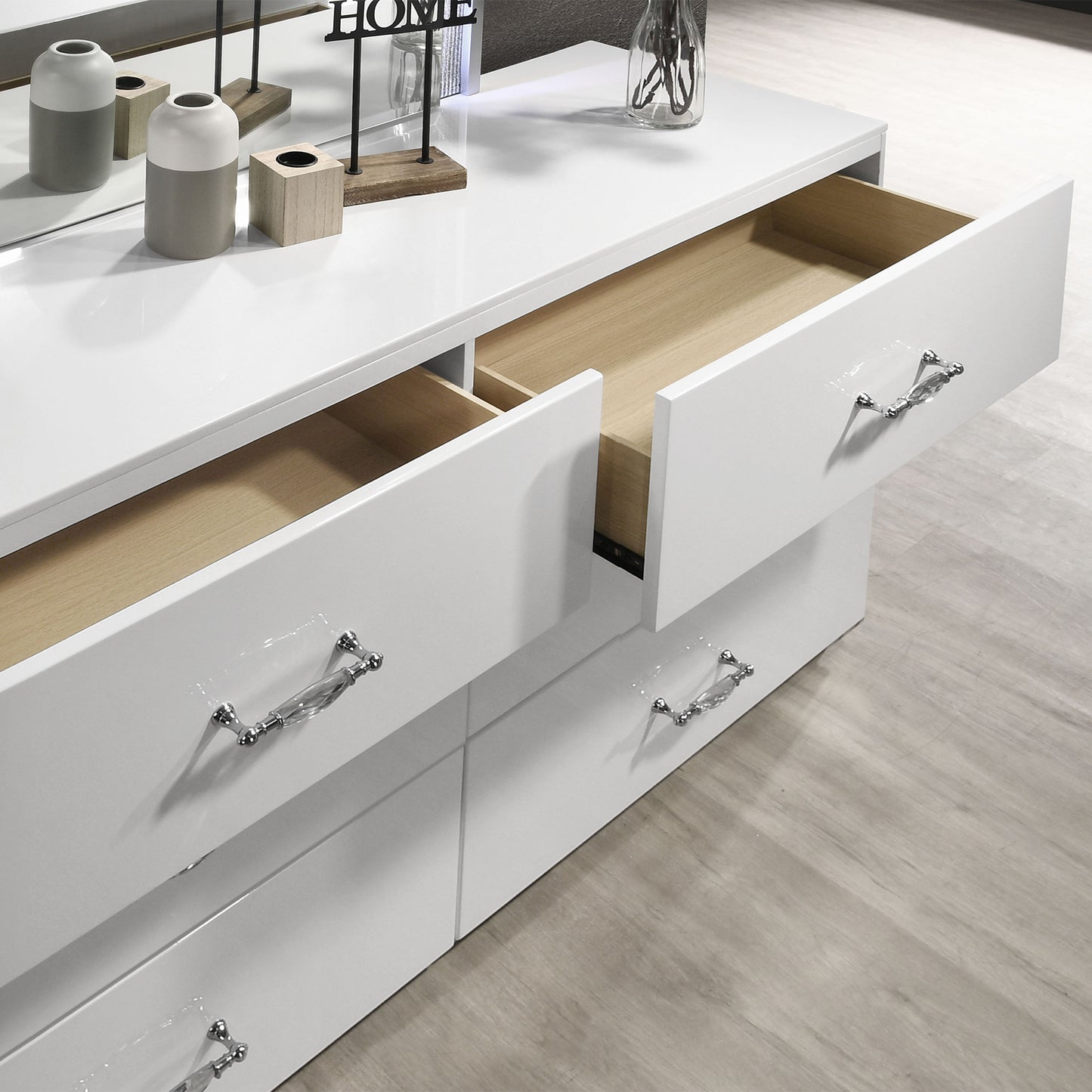 61.5" Contemporary White Dresser with High-Gloss UV Finish and Chrome Acrylic Handles