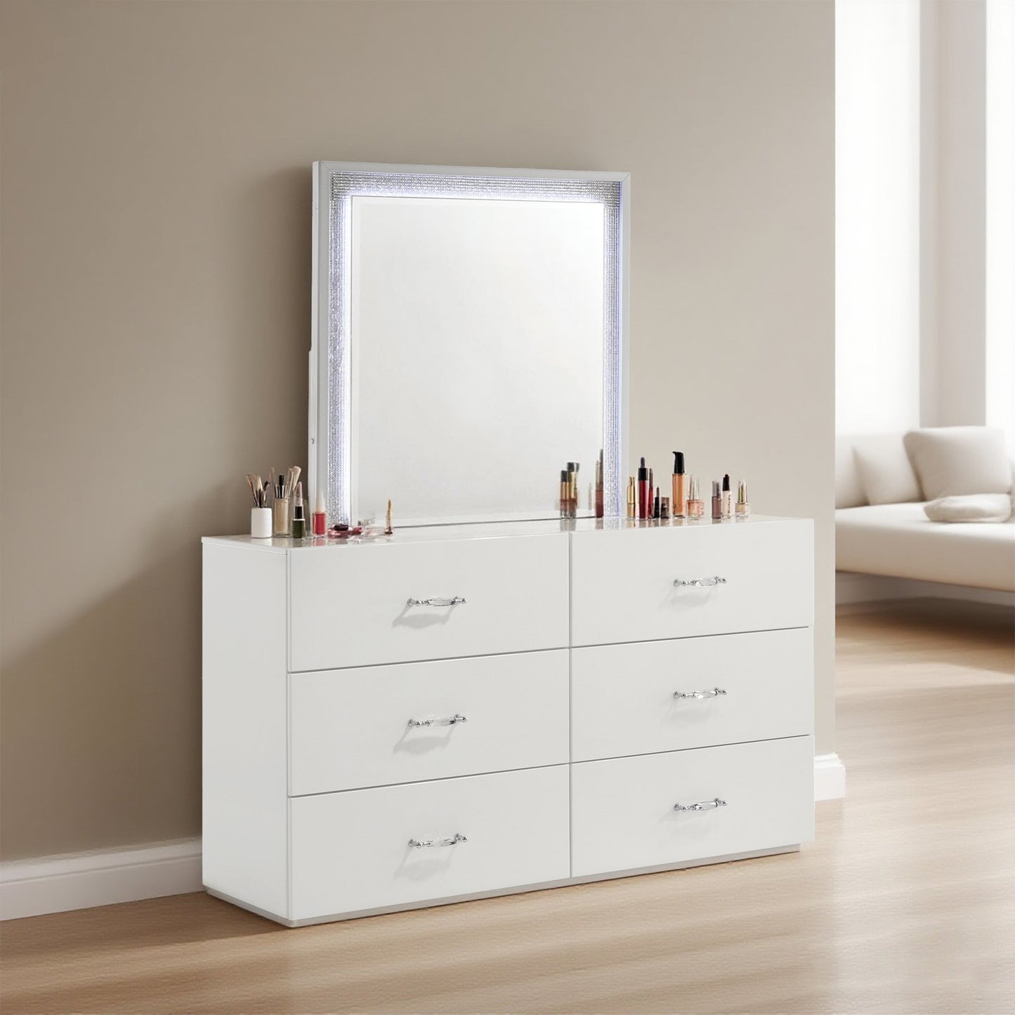 61.5" Contemporary White Dresser with High-Gloss UV Finish and Chrome Acrylic Handles