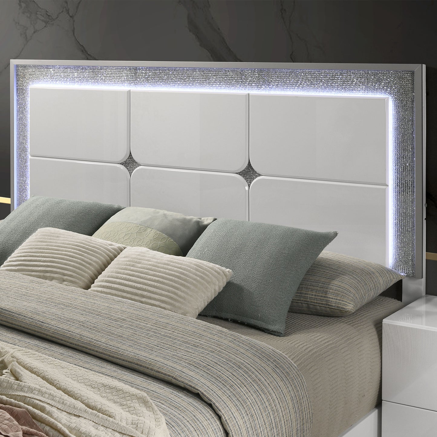 79.5" Contemporary White King Bed with LED Headboard and Rhinestone Trim