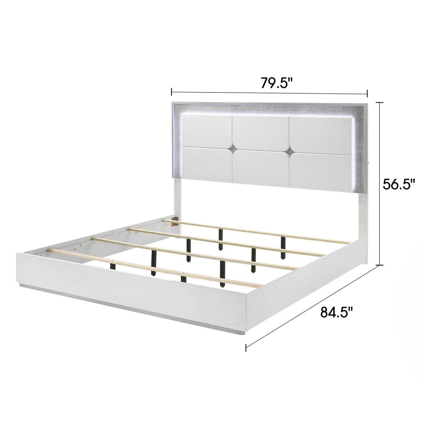 79.5" Contemporary White King Bed with LED Headboard and Rhinestone Trim