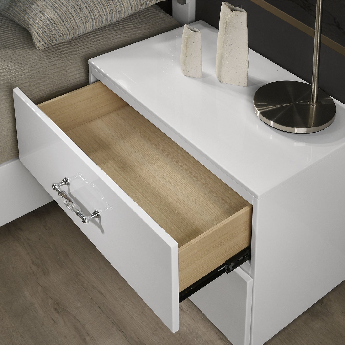 25.5" Contemporary White Nightstand with Rhinestone Accents and High-Gloss UV Finish