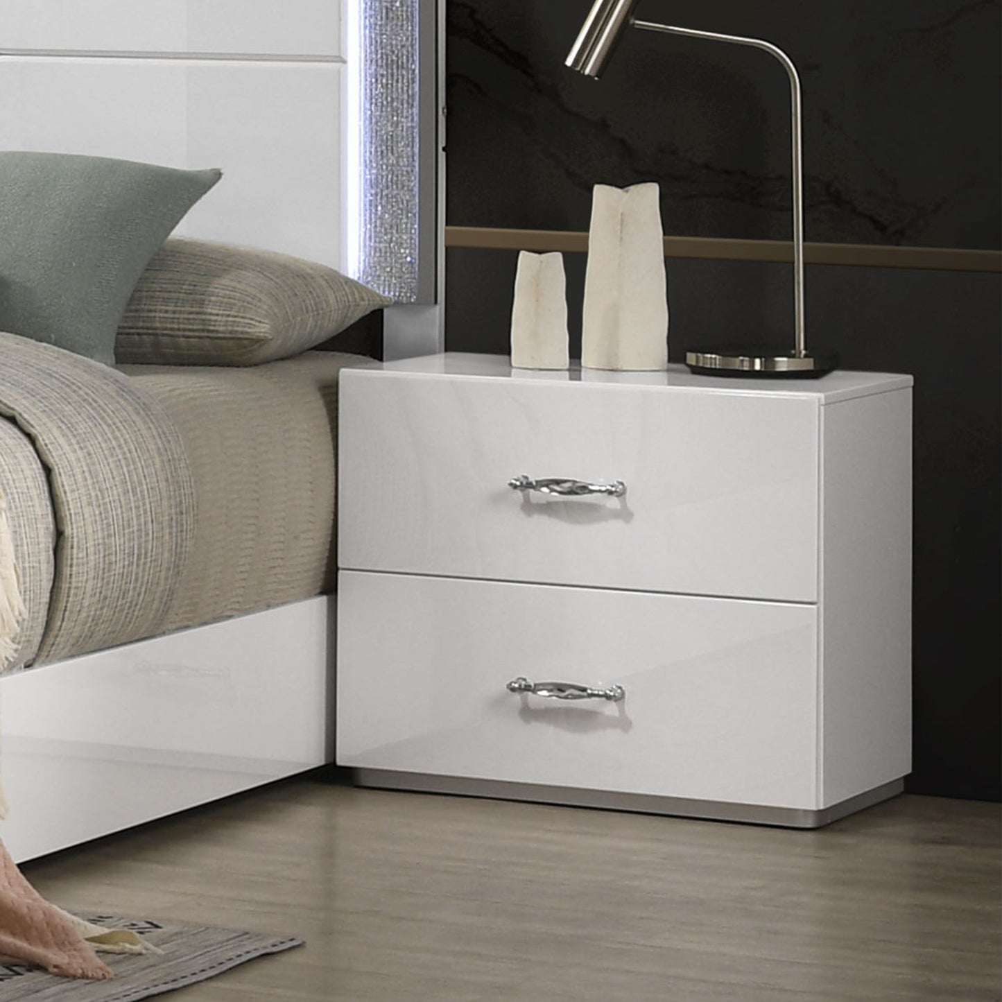 25.5" Contemporary White Nightstand with Rhinestone Accents and High-Gloss UV Finish