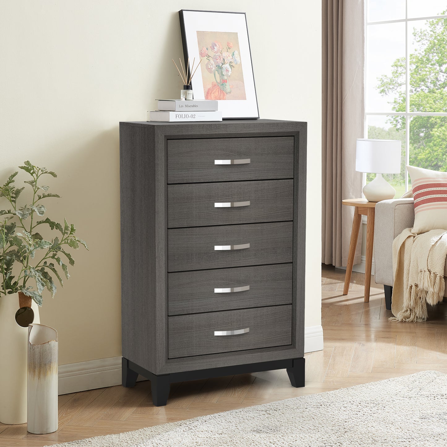 31"W Gray Contemporary Chest with Two-Tone Design and Wooden Legs