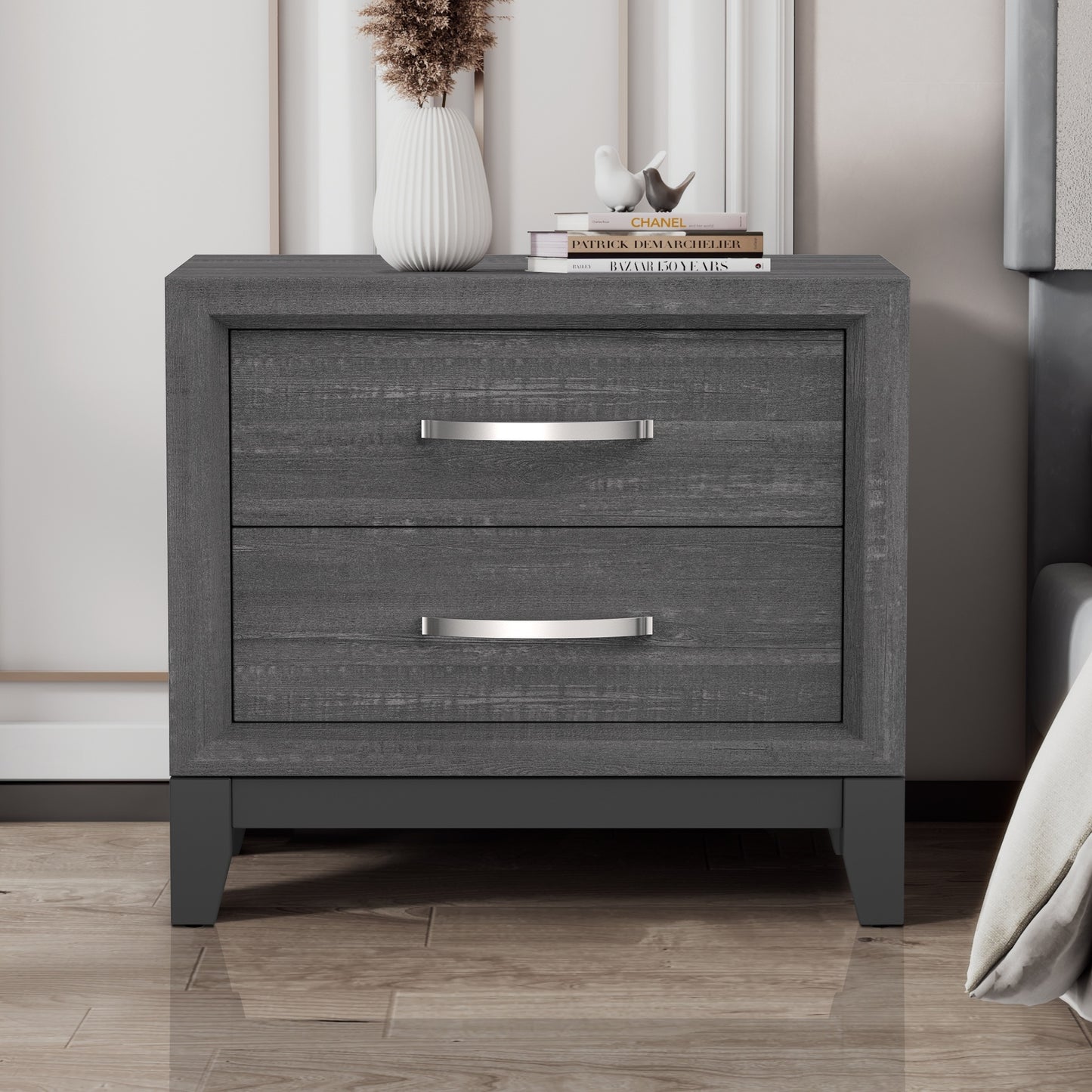 23.5"W Gray Contemporary Nightstand with Wooden Legs and Two-Tone Design