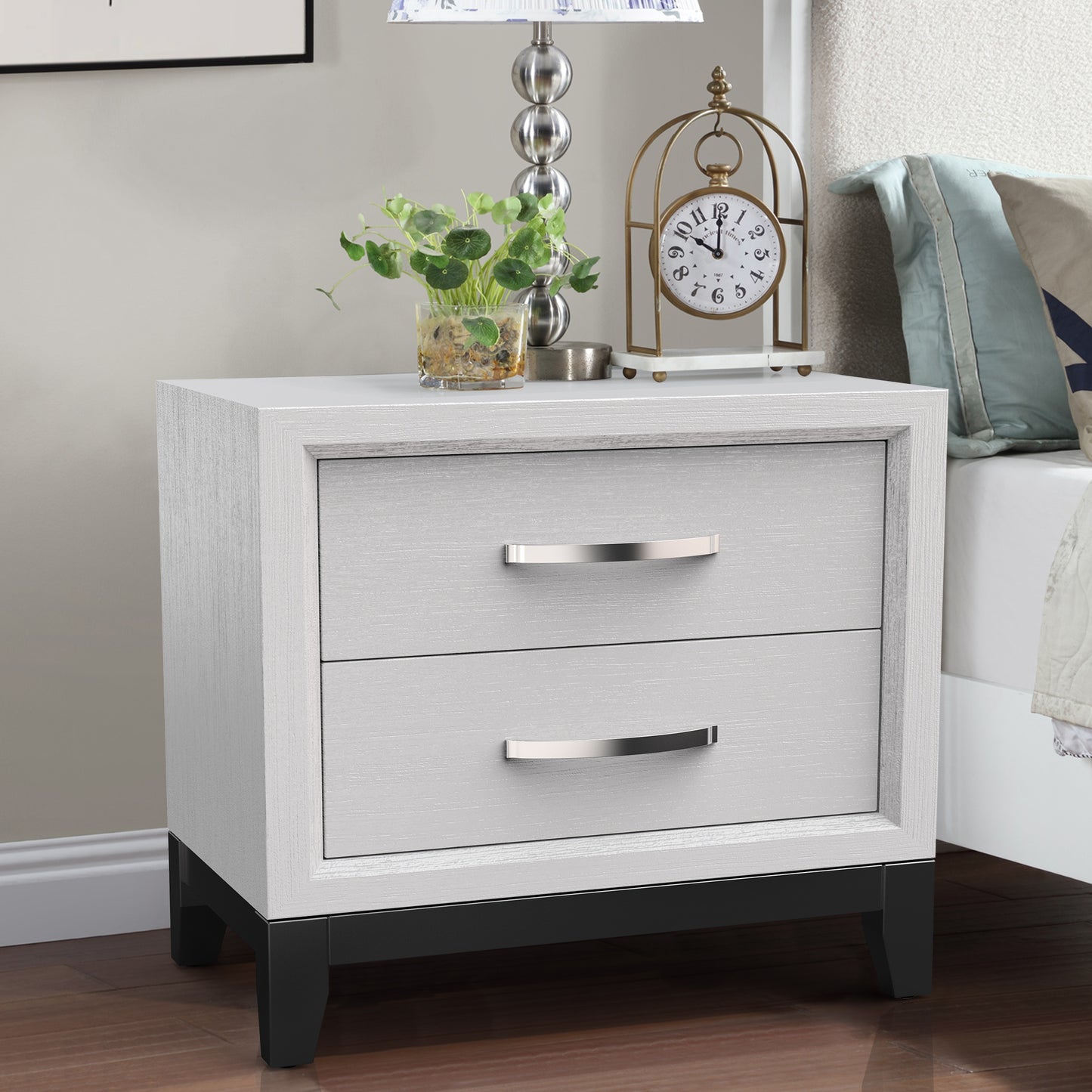 23.5"W White Modern Two-Tone Nightstand with Wooden Legs