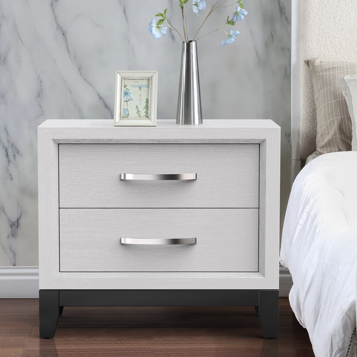 23.5"W White Modern Two-Tone Nightstand with Wooden Legs