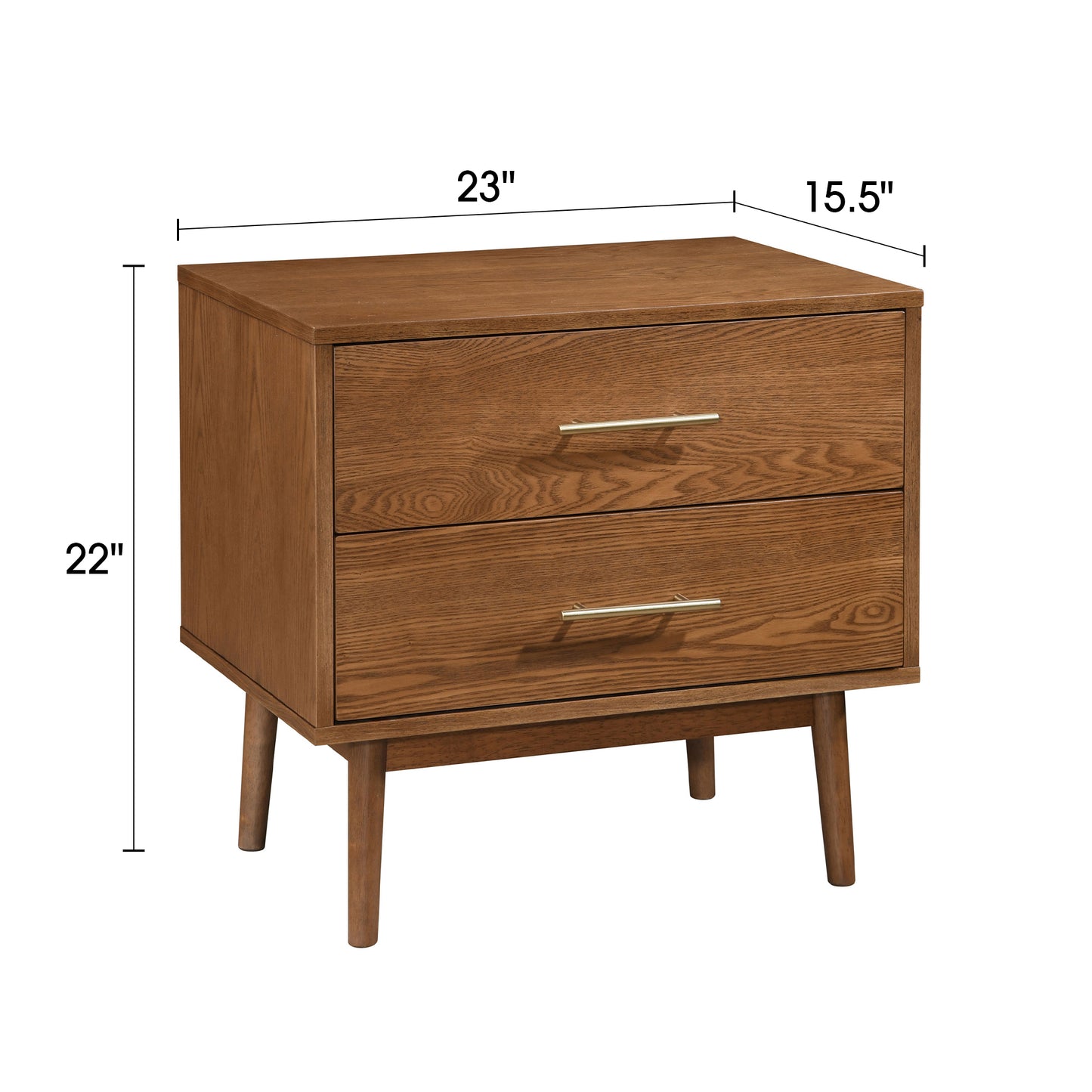 23" Mid-Century Modern Walnut Night Stand with Gold Pulls and Tapered Legs