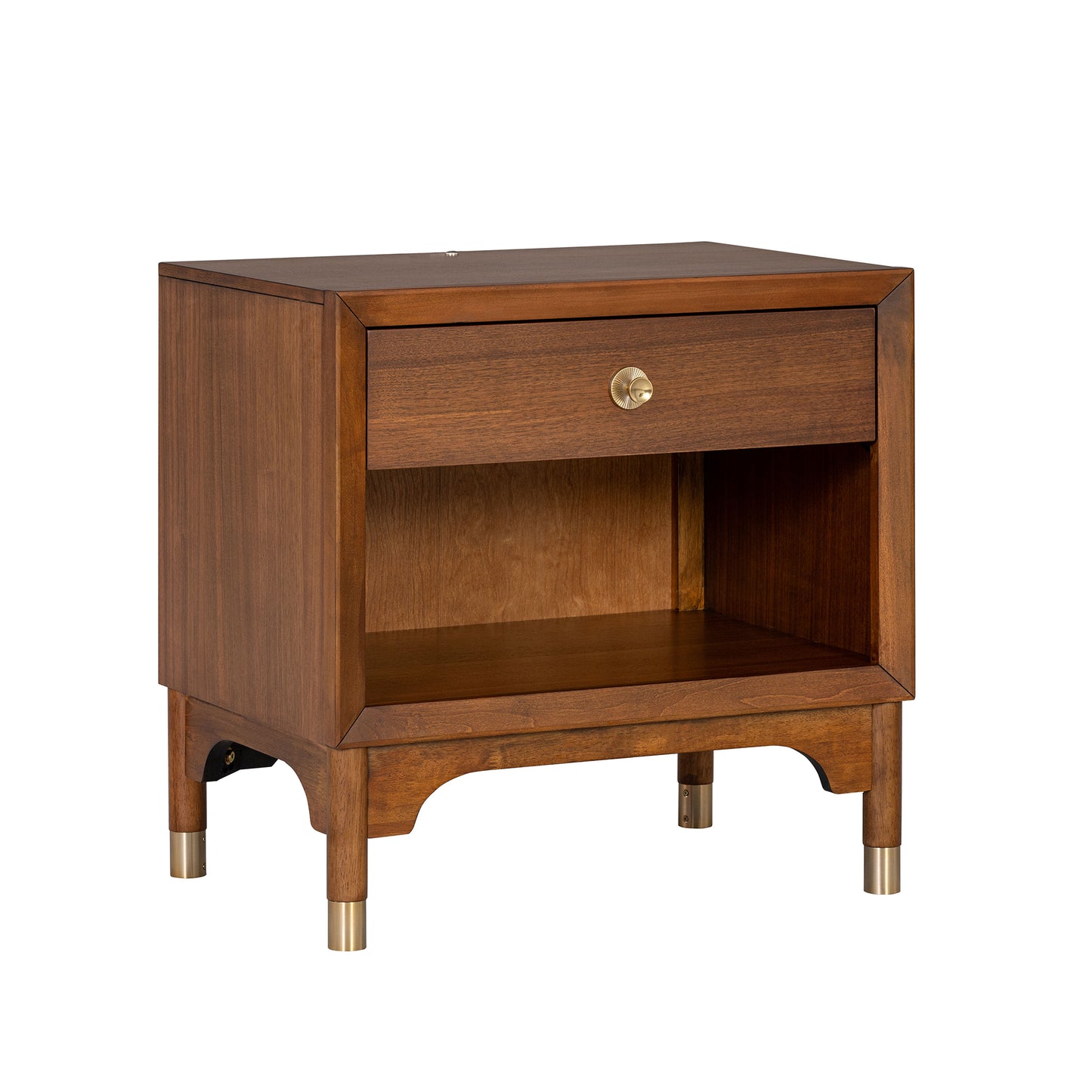 26" Mid-Century Walnut Nightstand with USB Port, LED Light, and Gold Accents