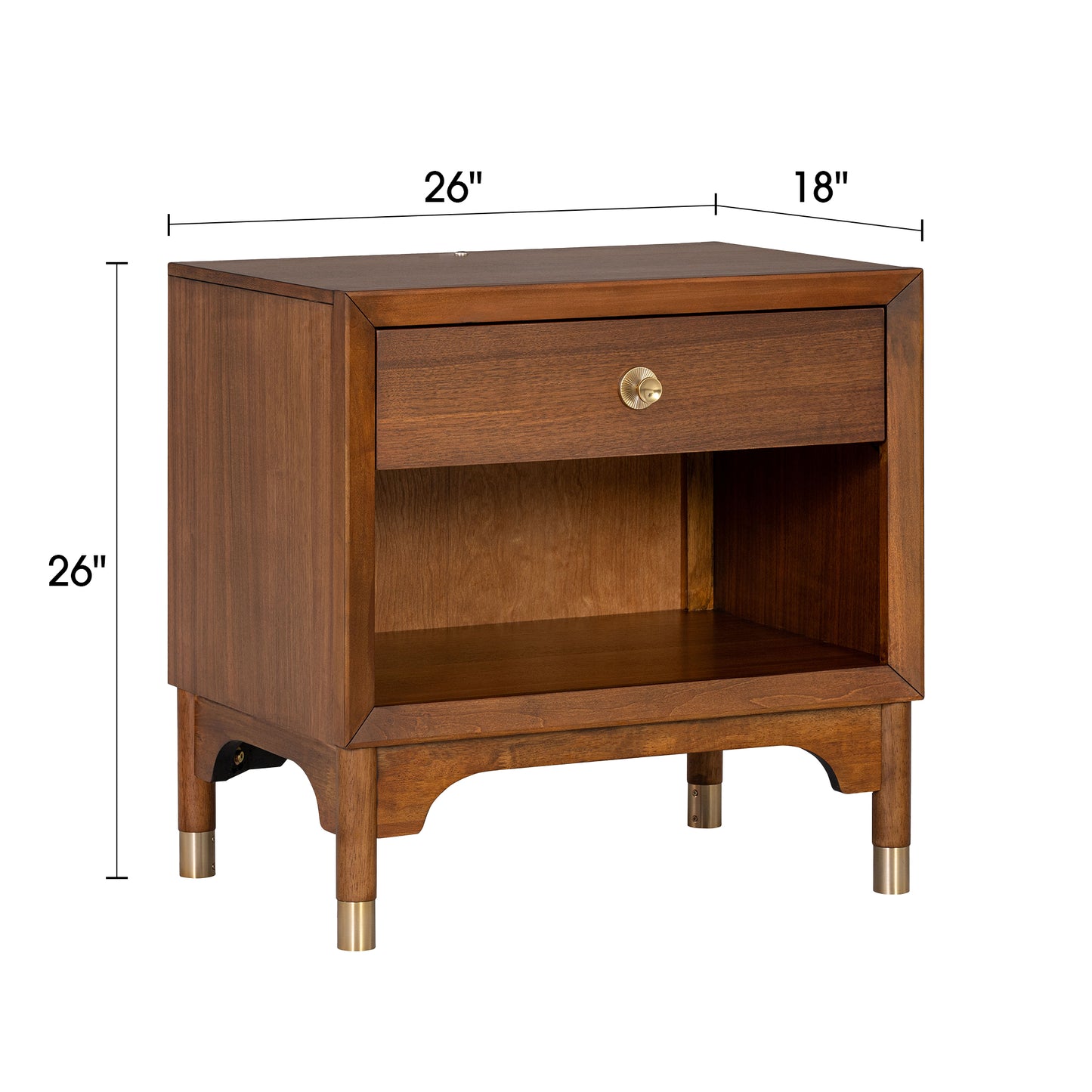 26" Mid-Century Walnut Nightstand with USB Port, LED Light, and Gold Accents