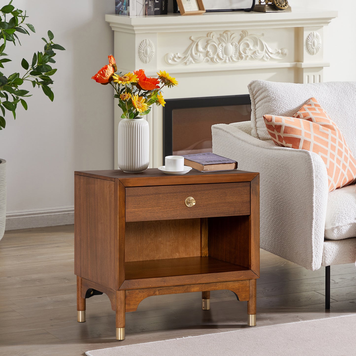 26" Mid-Century Walnut Nightstand with USB Port, LED Light, and Gold Accents