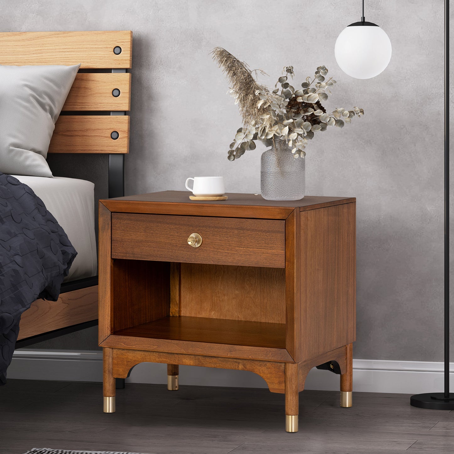 26" Mid-Century Walnut Nightstand with USB Port, LED Light, and Gold Accents