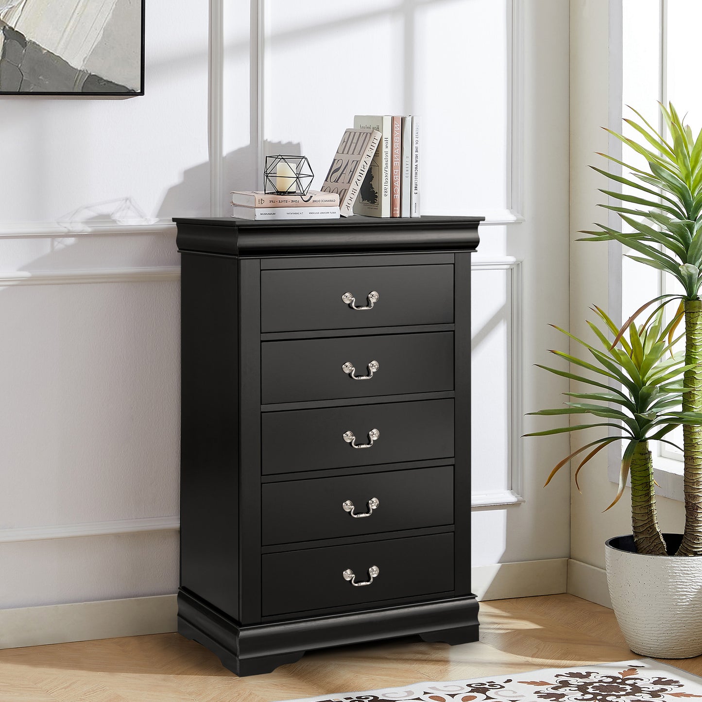 31.5"W Black Transitional Chest with Dovetail Drawers and Bracket Feet