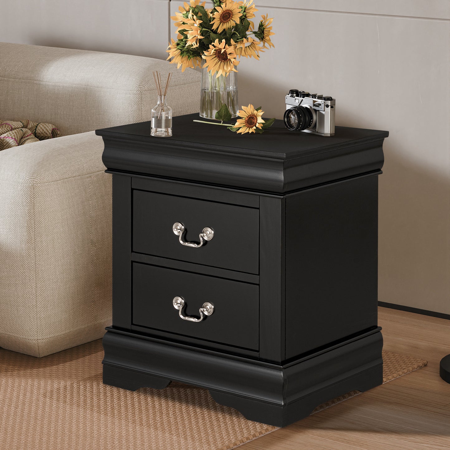 21.5"W X 15.5"D X 23.5"H Black Modern Nightstand with Hanging Drawer Pulls