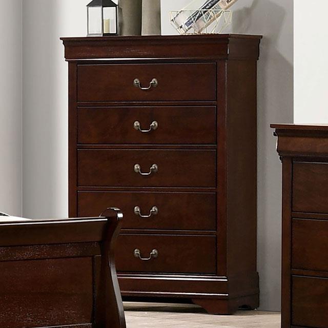31.5"W Dark Cherry Transitional Chest with Dovetail Drawers and Bracket Feet – Solid Wood and Veneer