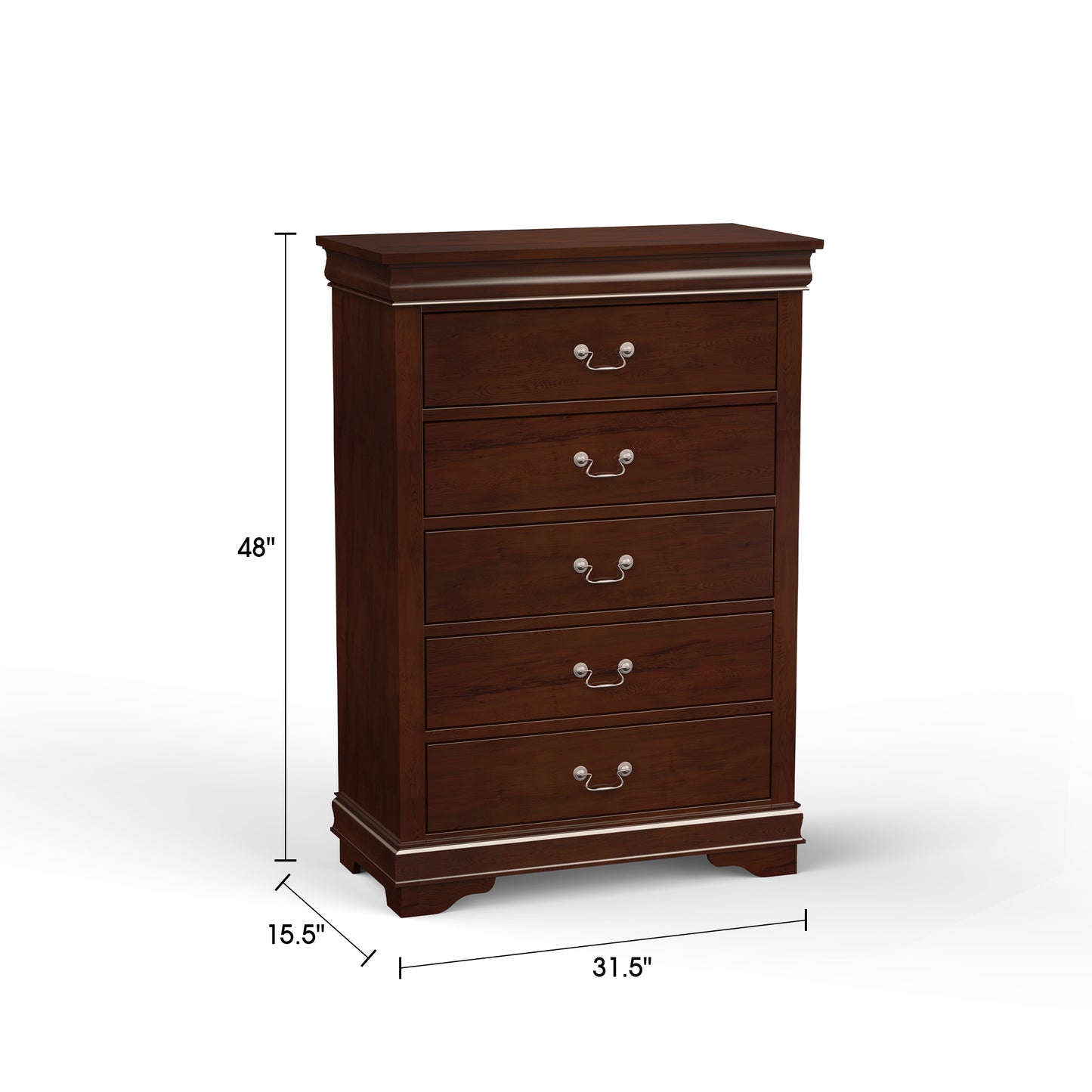 31.5"W Dark Cherry Transitional Chest with Dovetail Drawers and Bracket Feet – Solid Wood and Veneer