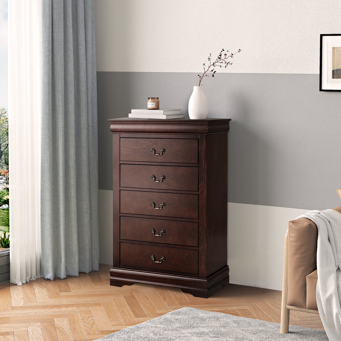 31.5"W Dark Cherry Transitional Chest with Dovetail Drawers and Bracket Feet – Solid Wood and Veneer
