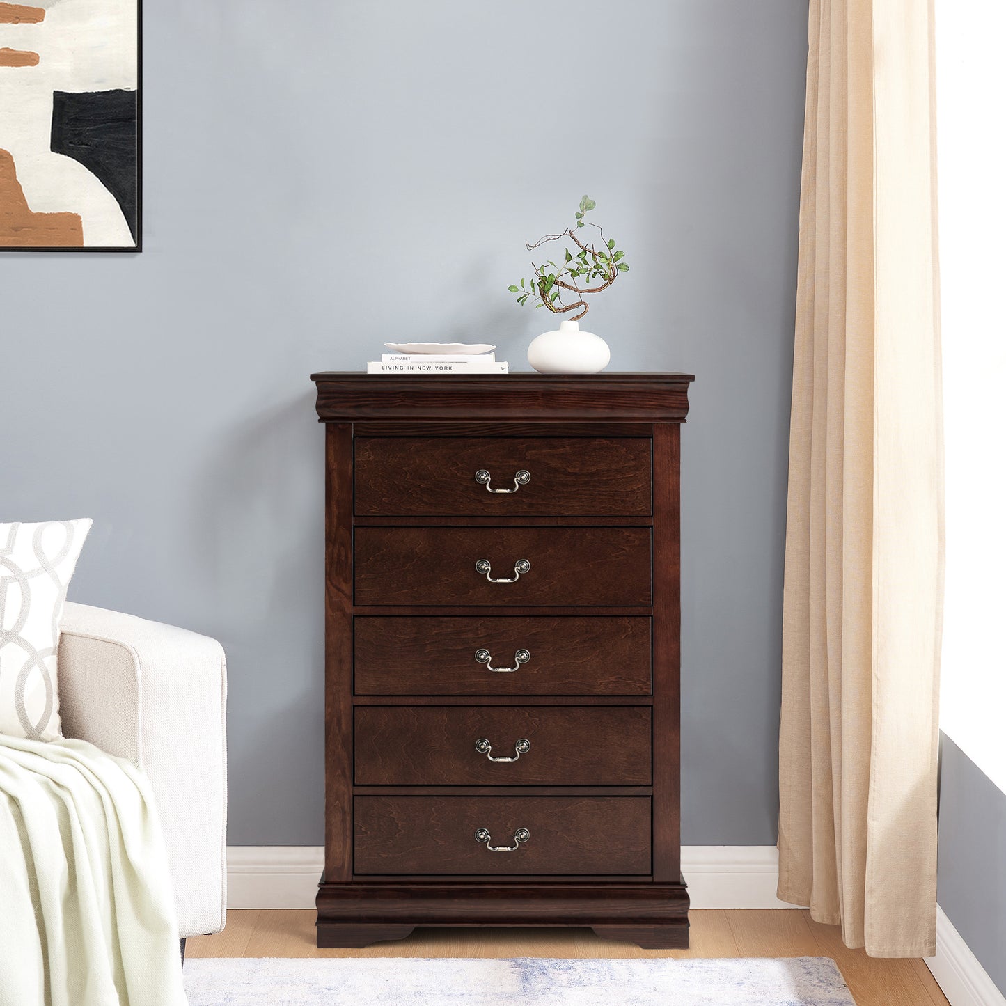 31.5"W Dark Cherry Transitional Chest with Dovetail Drawers and Bracket Feet – Solid Wood and Veneer