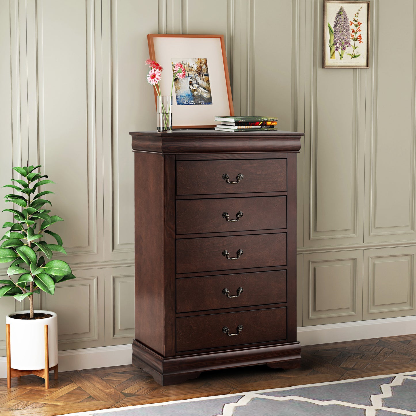 31.5"W Dark Cherry Transitional Chest with Dovetail Drawers and Bracket Feet – Solid Wood and Veneer
