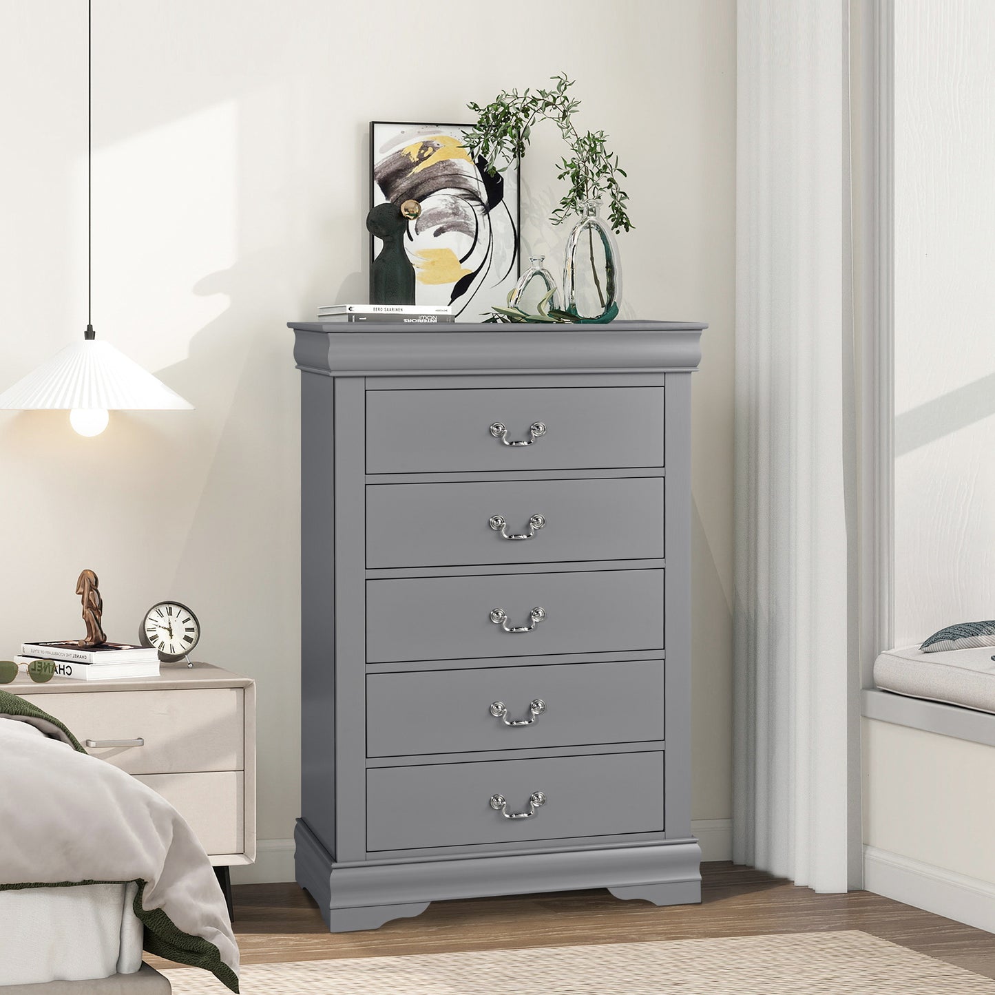 31.5"W Gray Modern Chest with English Dovetail Drawers – Solid Wood and Veneer