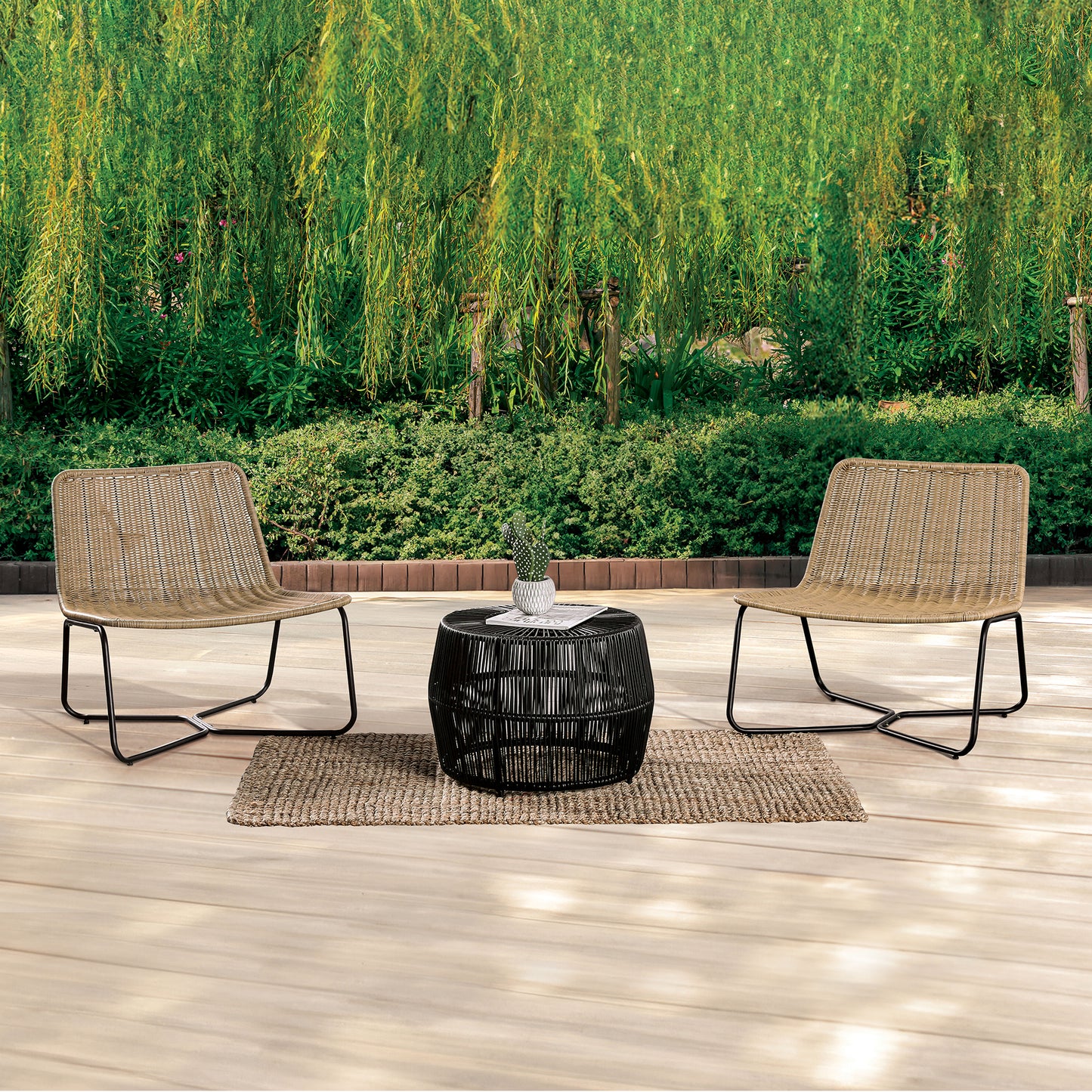 3-Piece Natural and Black Wicker Outdoor Conversation Set with Lounge Chairs and Table