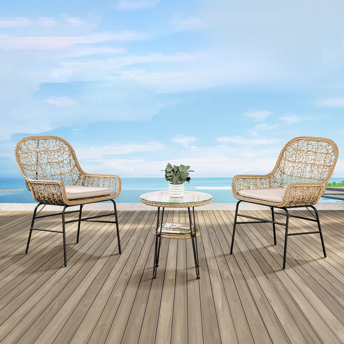 4-Piece Contemporary Natural Outdoor Conversation Set with Glass Table
