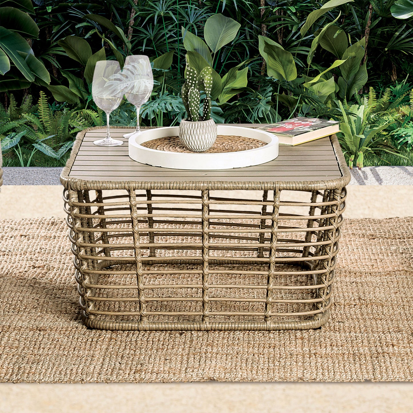 3-Piece Outdoor Conversation Set with Beige Cushions and 30" Coffee Table
