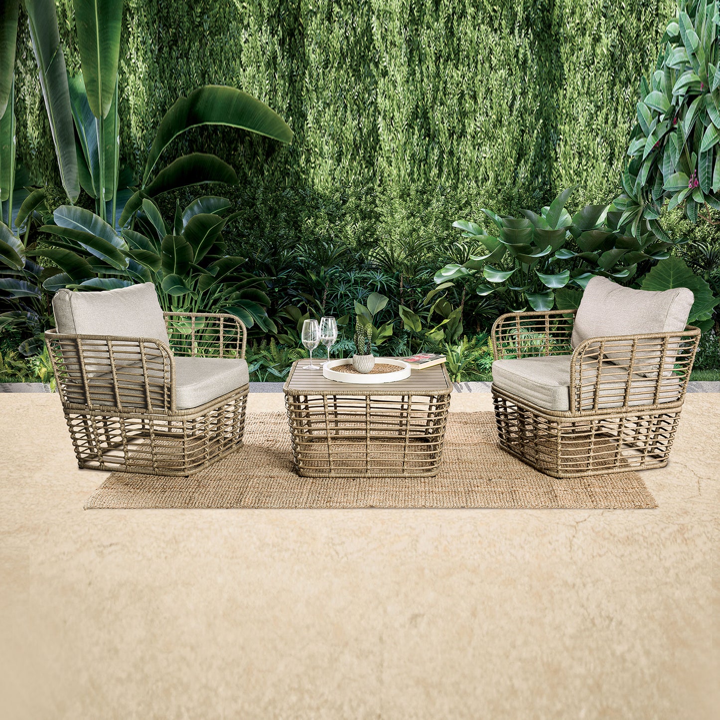 3-Piece Outdoor Conversation Set with Beige Cushions and 30" Coffee Table