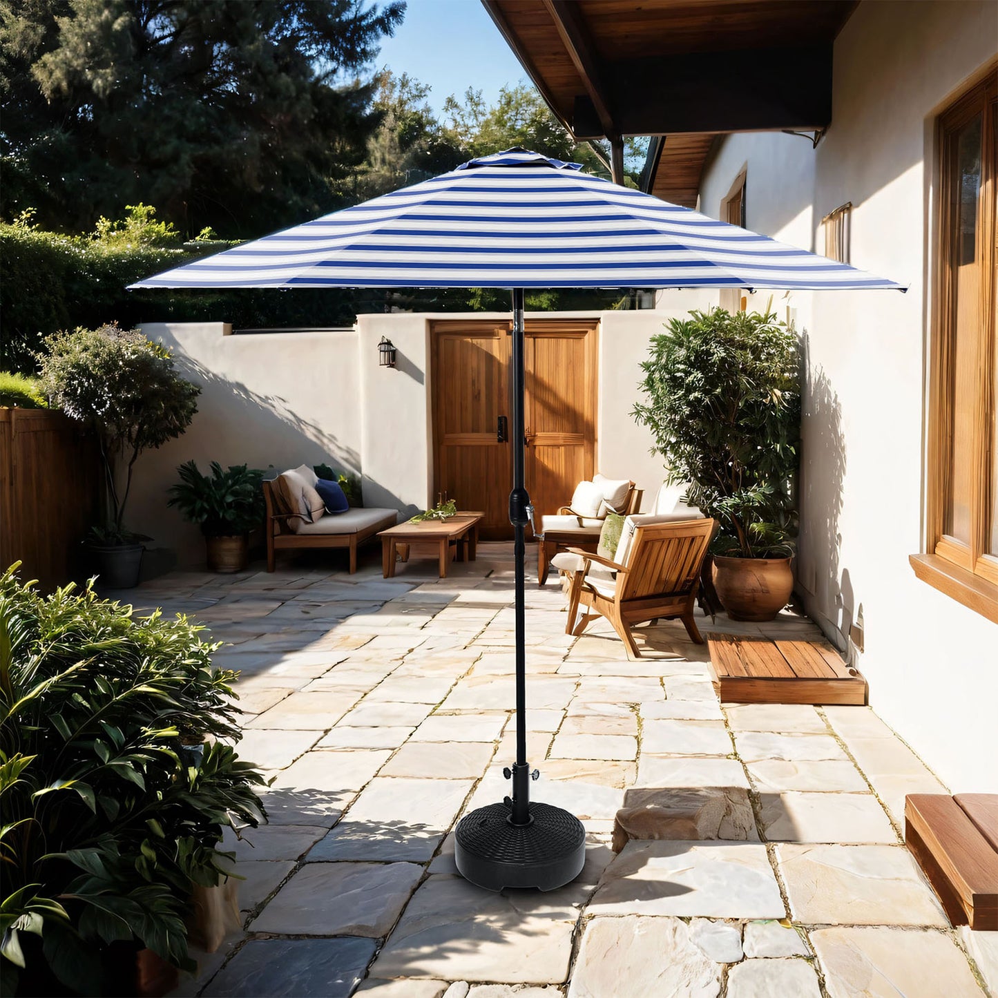 106" Blue and White Market Umbrella with Tilt-Adjustable Joint and Black Metal Frame