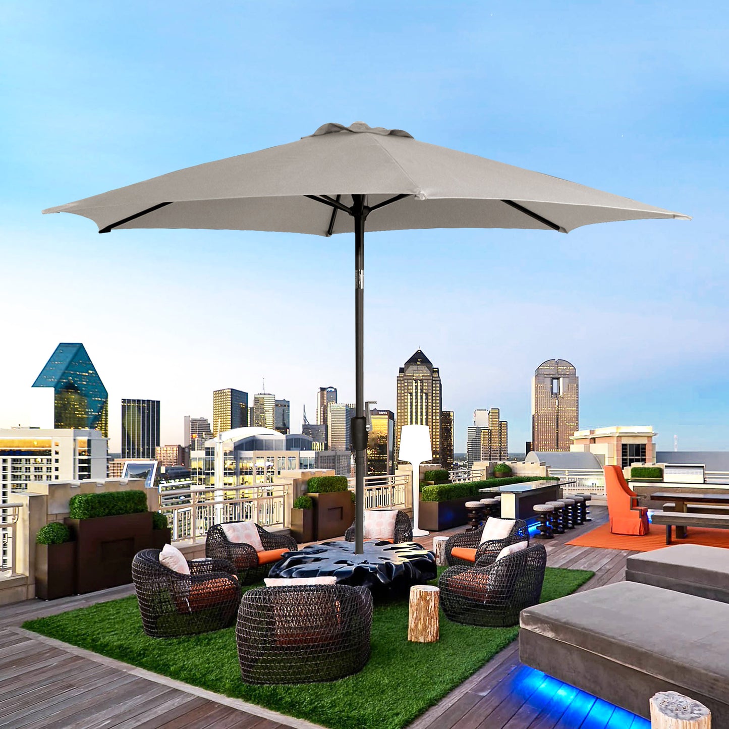 106" Round Tilting Umbrella in Canvas Stone with Black Steel Frame, UV50+ Protection