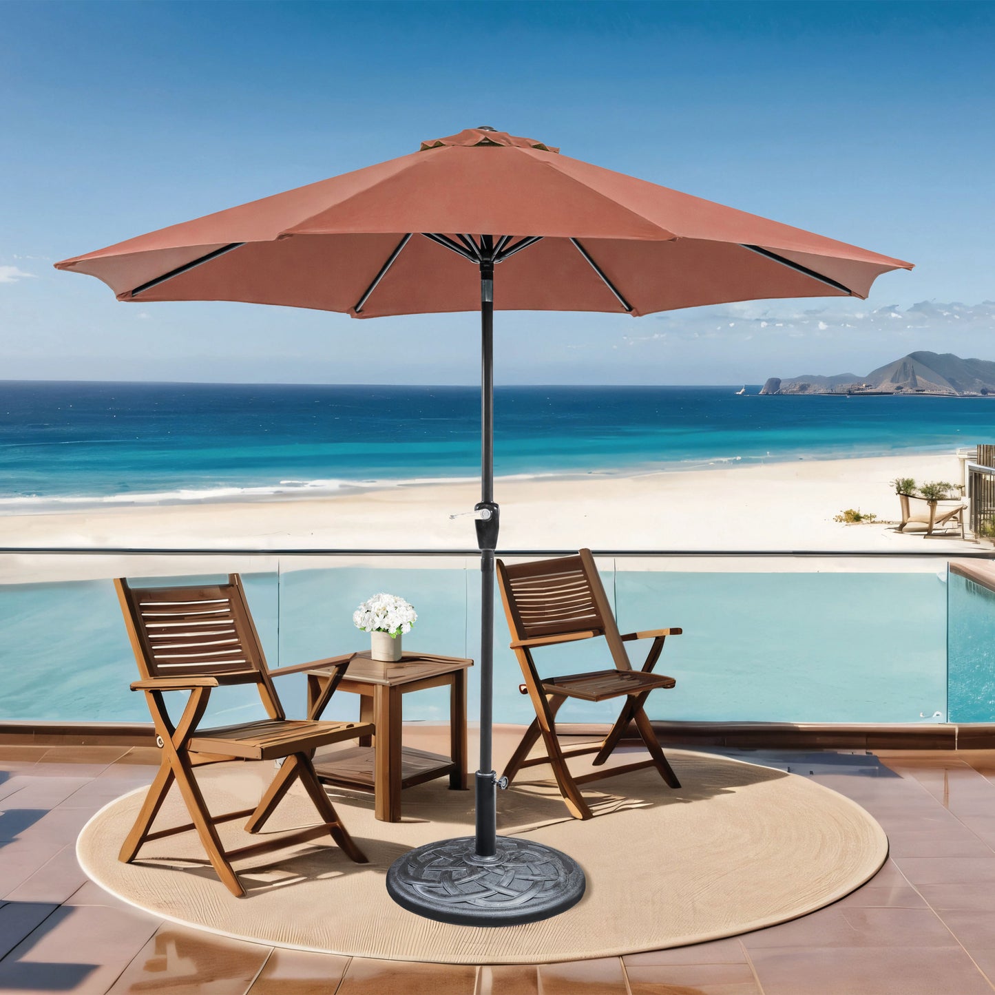 9' Burgundy Outdoor Umbrella with Auto Tilt and 21" Round Base Included