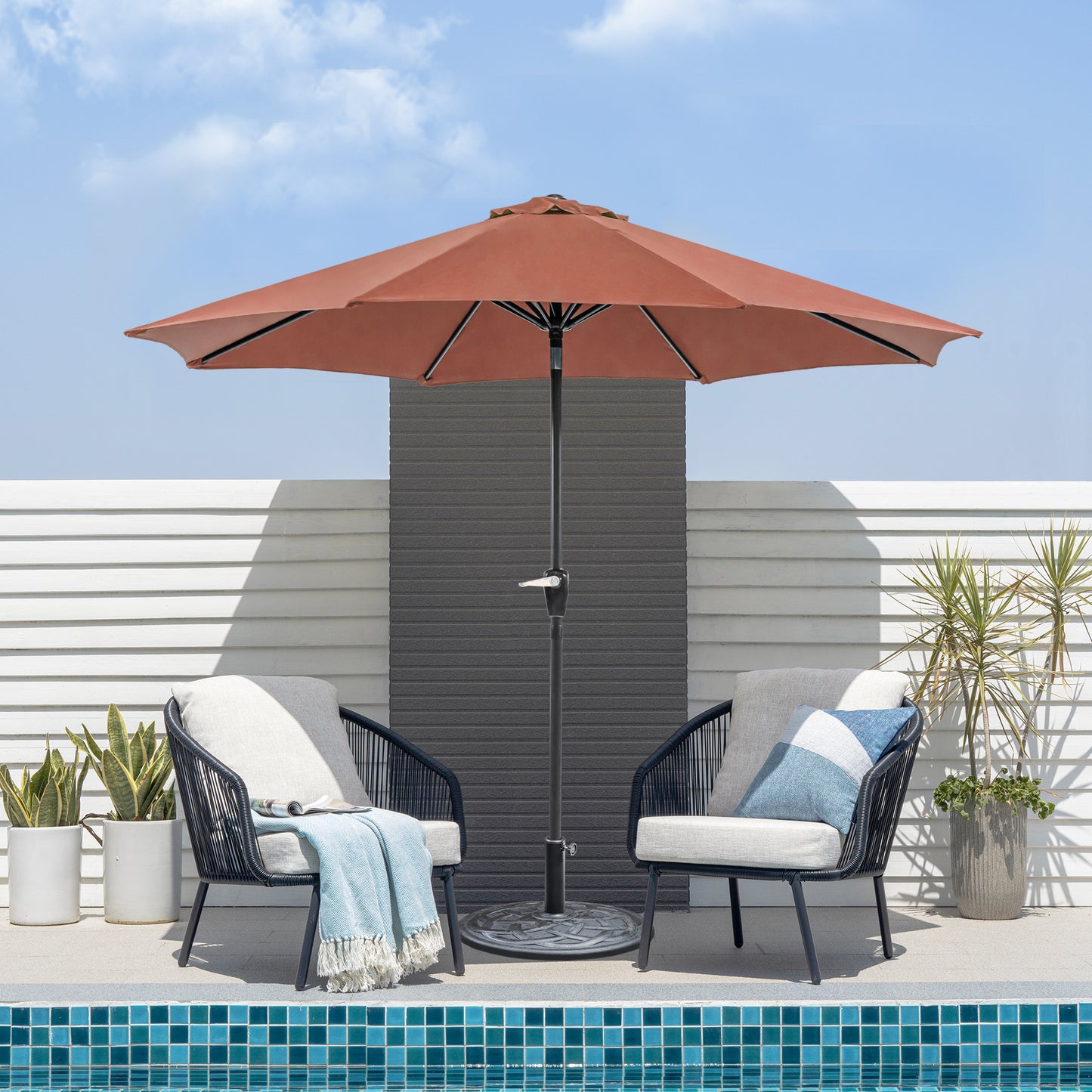 9' Burgundy Outdoor Umbrella with Auto Tilt and 21" Round Base Included