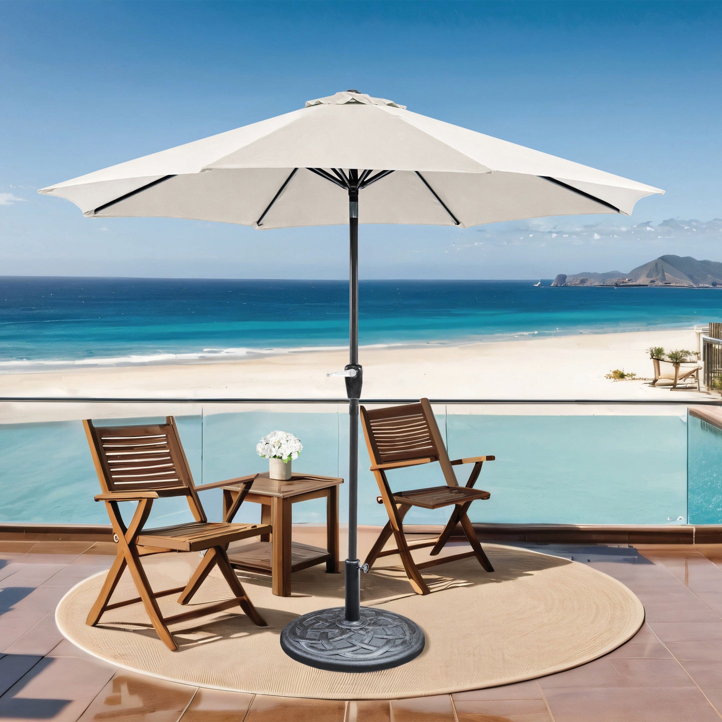 9' Beige Outdoor Umbrella with Auto Tilt and 21" Round Base Included