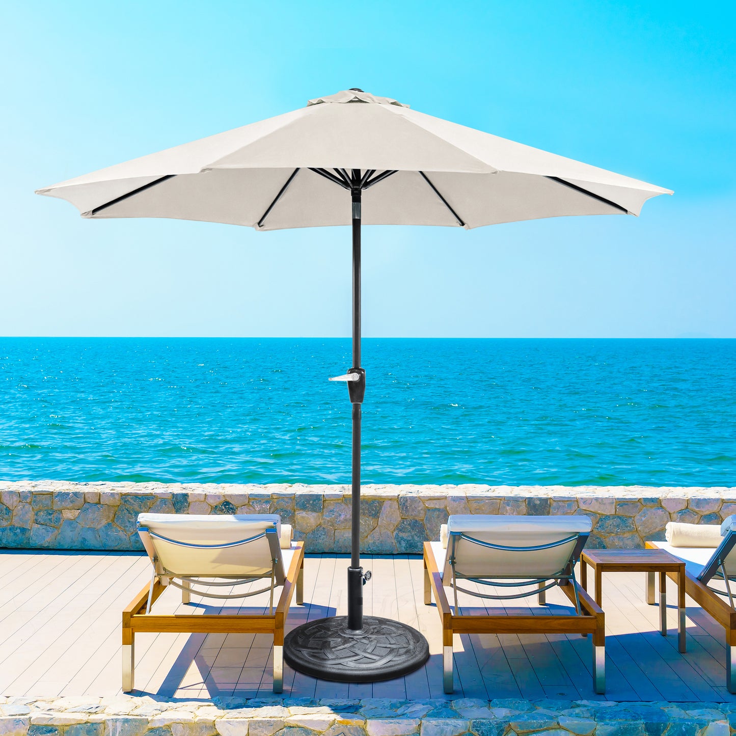 9' Beige Outdoor Umbrella with Auto Tilt and 21" Round Base Included