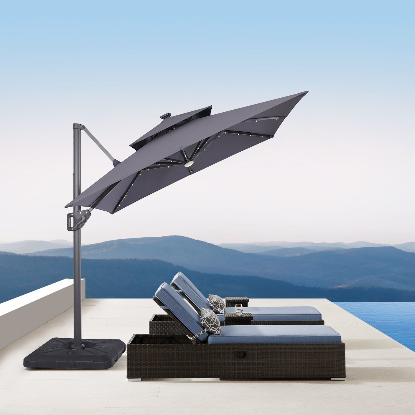 8 Ft Gray Square Patio Umbrella with Double Top, LED Lights, and 37" Large Base