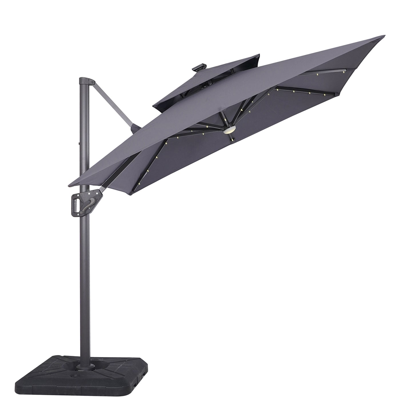 8 Ft Gray Square Patio Umbrella with Double Top, LED Lights, and 37" Large Base