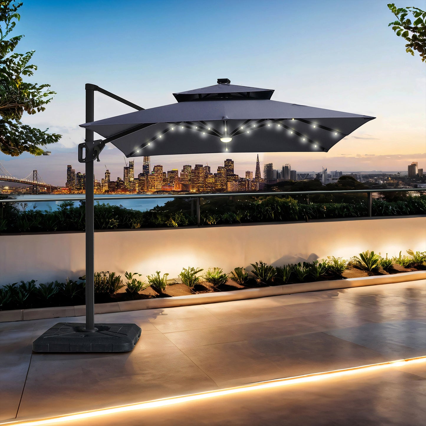 8 Ft Gray Square Patio Umbrella with Double Top, LED Lights, and 37" Large Base