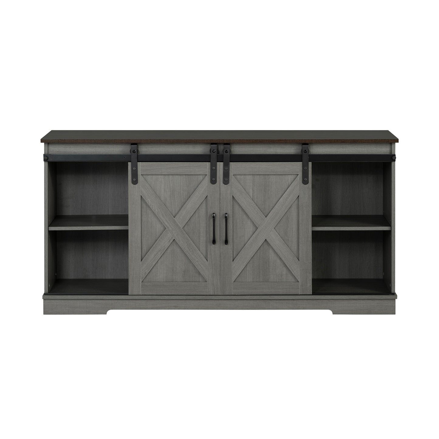 56" Brown and Gray Rustic Farmhouse TV Stand with Sliding Doors and Black Metal Accents