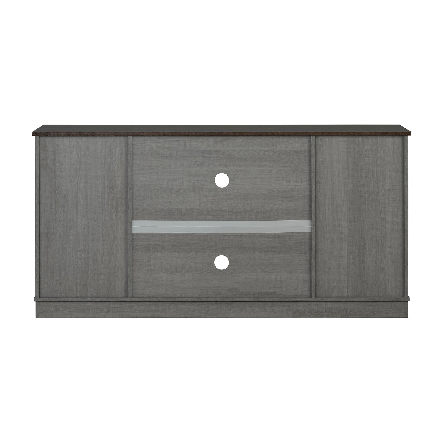 56" Brown and Gray Rustic Farmhouse TV Stand with Sliding Doors and Black Metal Accents