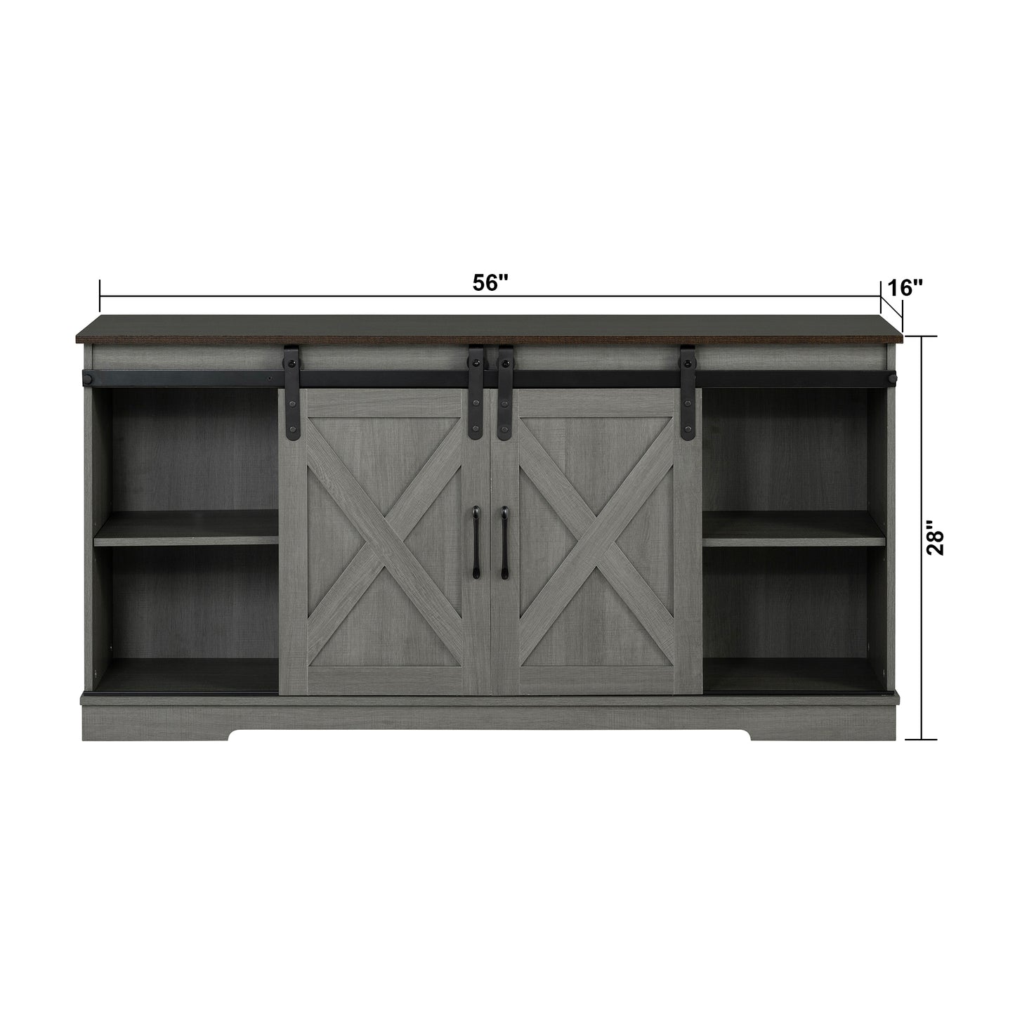 56" Brown and Gray Rustic Farmhouse TV Stand with Sliding Doors and Black Metal Accents
