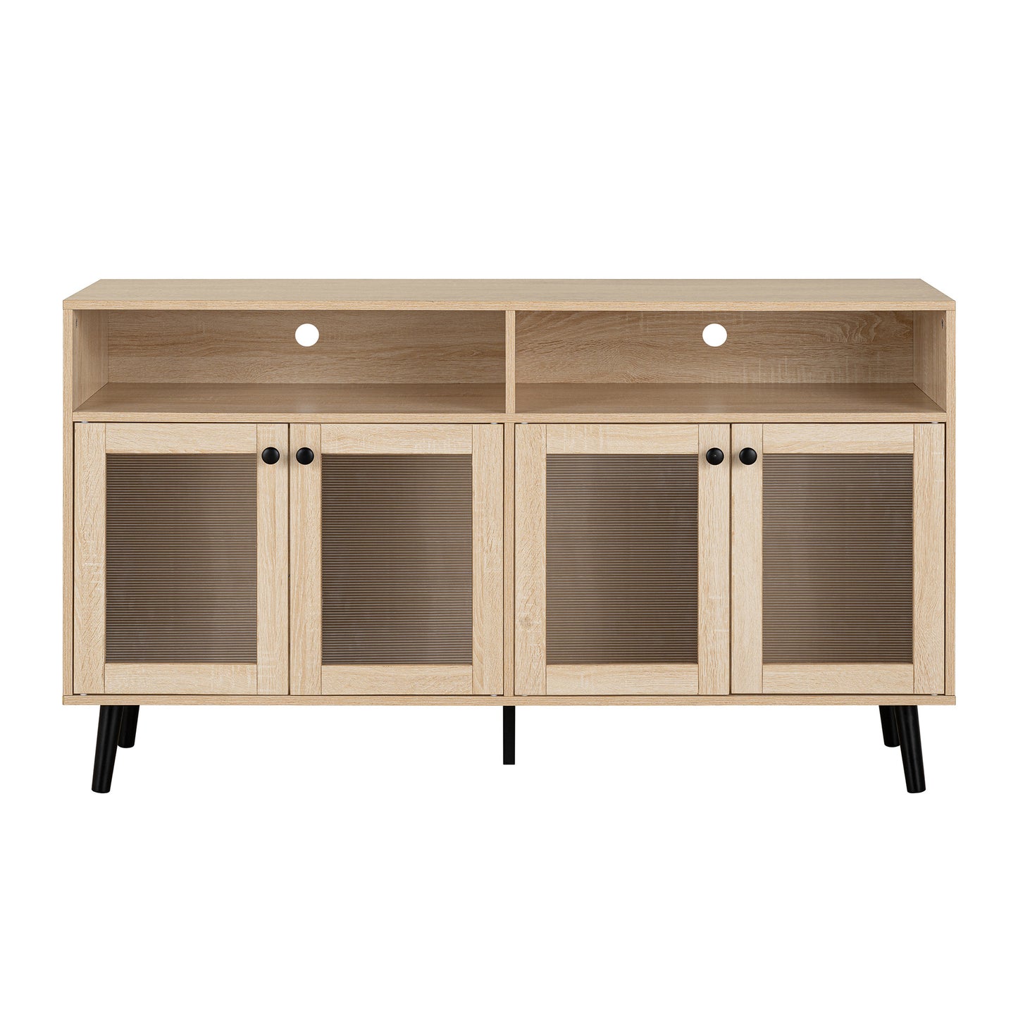 56" Mid-Century Modern Natural TV Stand with Round Black Knobs and Metal Accents