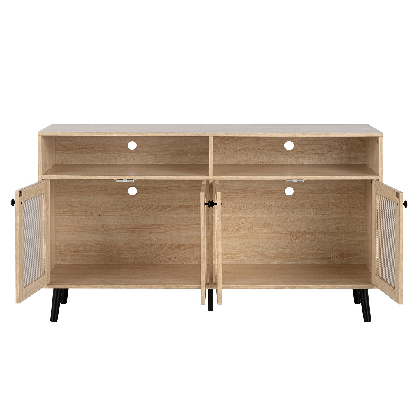 56" Mid-Century Modern Natural TV Stand with Round Black Knobs and Metal Accents