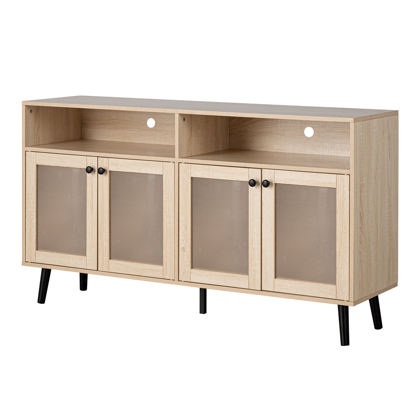 56" Mid-Century Modern Natural TV Stand with Round Black Knobs and Metal Accents